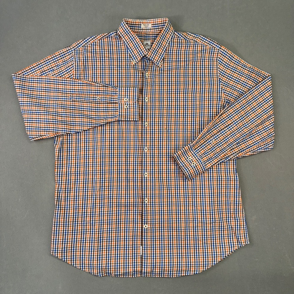 Peter Millar Mens XL Orange Blue Check Button Down Cotton Long Sleeve Shirt